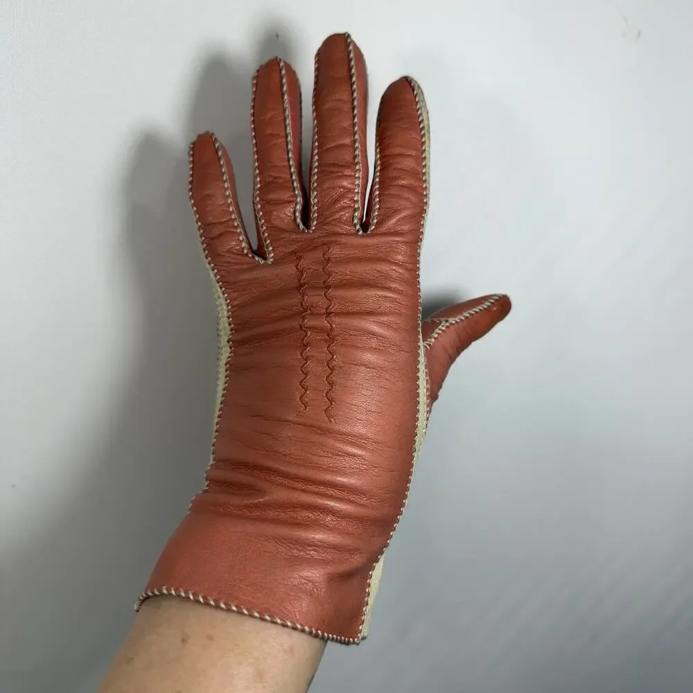 Vintage Kin Kid Leather Colorblock Gloves Ivory Orange Tablecut Size 6.5 1950s